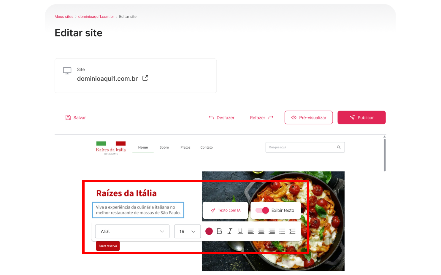 [Alt text: Imagem do campo selecionado. Uma barra de ferramentas está aberta bem próxima ao campo para auxiliar com os estilos do texto.